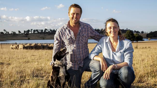 Family affair: Jock and Olivia Nivison with their children Frankie, 5, and Eliza, 3, and dog Roxy, have fine-tuned their Yalgoo Genetics operation at Walcha in northern NSW. Picture: Stefanie Cook