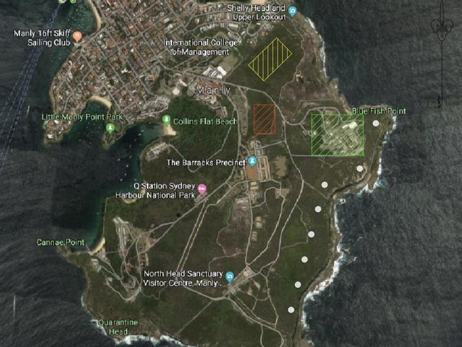 A map showing locations of proposed wind turbines (white dots) and a solar farm (yellow box) at North Head, Manly. The red box is a proposed environmental sustainability centre. Picture: Supplied.