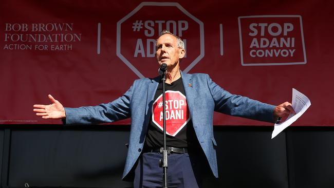 Bob Brown speaks last week in Melbourne as part of the Stop Adani Convoy event – Over 700 vehicles have reportedly registered for the convoy travelling from Tasmania to Canberra via New South Wales and Queensland. Picture: Scott Barbour/Getty Images