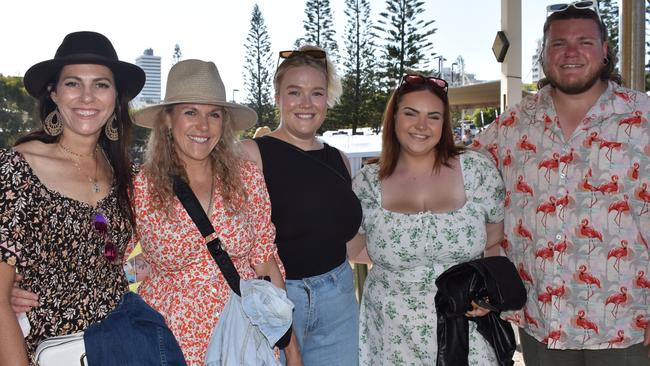 Claire Duke, Courtney Monteith, Kiara Monteith, Harrison Monteith and Elise Duke-Monteith at day 3 of the 2023 Caloundra Music Festival. Photo: Elizabeth Neil