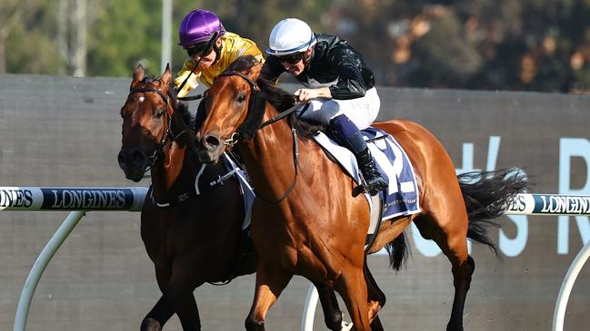 Tom Sherry and Unspoken (outside) beat Zoumon in the $2m Five Diamonds at Rosehill Gardens. Picture: Getty Images