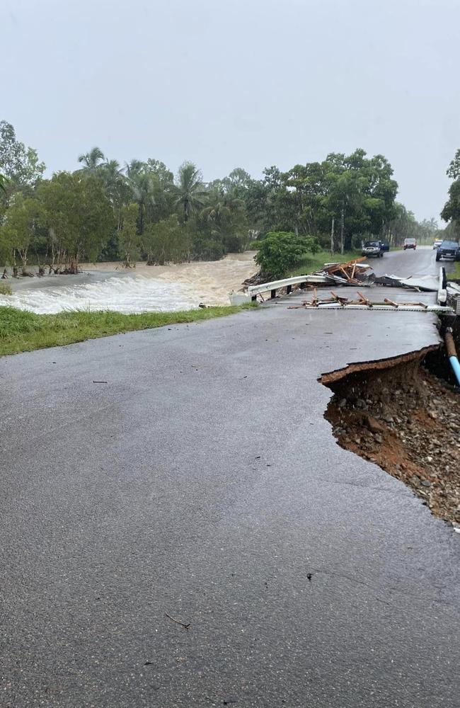 The road near the boat ramp at Hinchinbrook Harbour has crumbled in the North Queensland flooding. Photo from Matt Price via Facebook