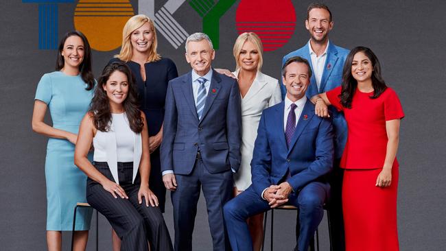 Channel Seven team for the Olympic Games Tokyo 2020. L – R:, Abbey Way, Mel McLaughlin, Johanna Griggs, Bruce McAvaney, Sonia Kruger, Hamish McLachlan, Trent Copeland, Lisa Sthalekar.