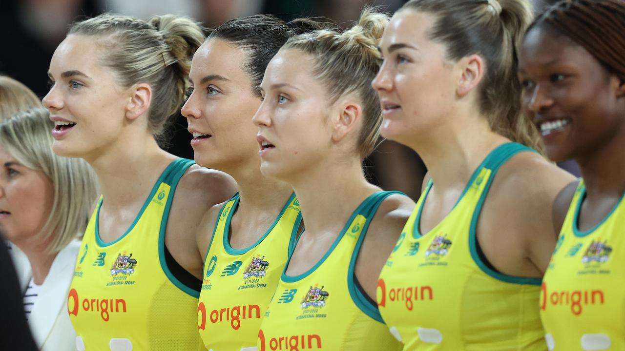 Logos for Netball Australia’s new sponsor, mining company Hancock Prospecting, do not appear on the Diamonds uniform. Picture: Getty Images