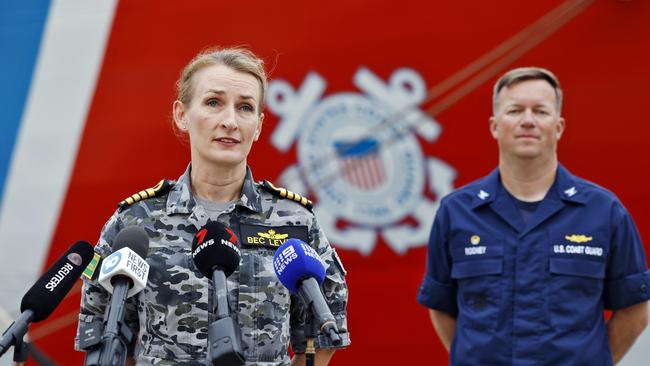 Commanding Officer of HMAS Kuttabul Captain Rebecca Levitt alongside USCGC Midgett Commanding Officer Captain Matthew Rooney. Picture: Sam Ruttyn