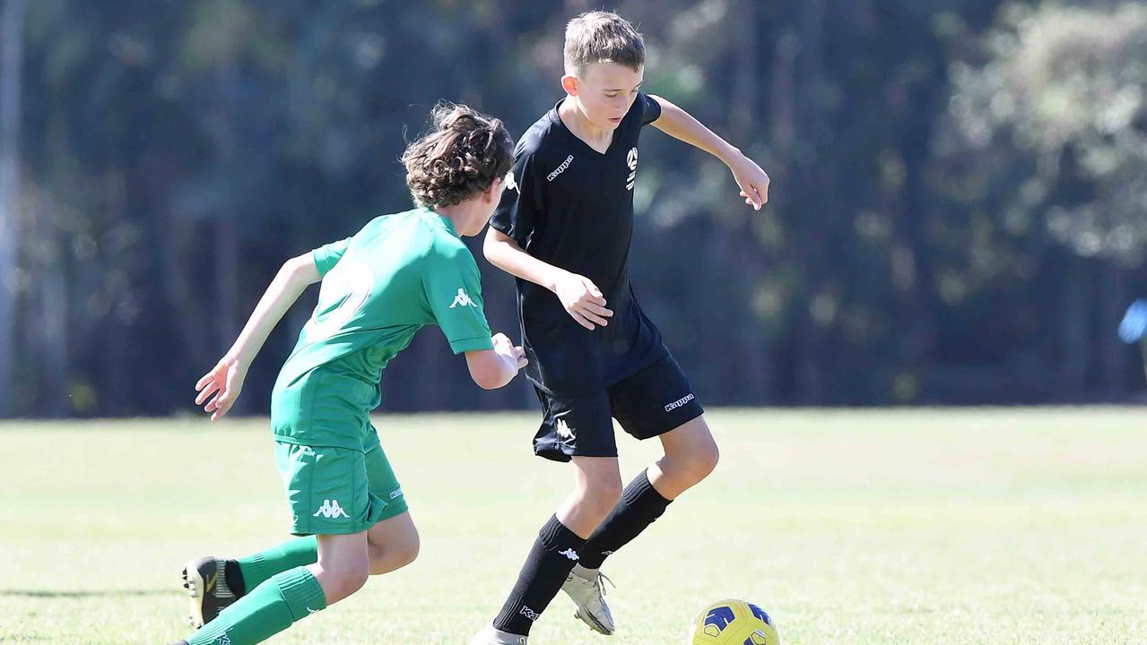 Football Queensland Community Cup carnival, Maroochydore. U13 boys, Sunshine Coast V Metro North. Picture: Patrick Woods.