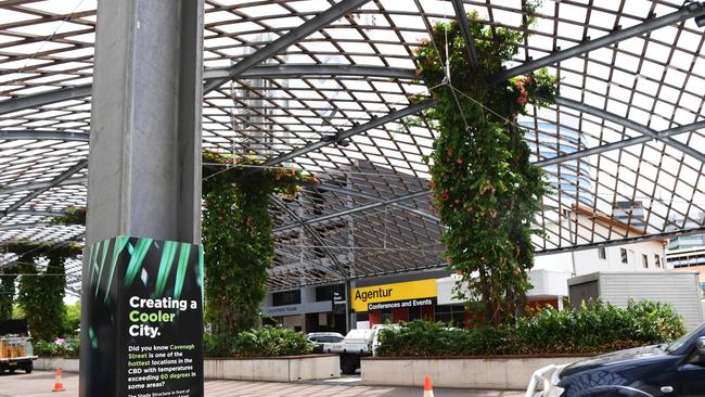 The controversial shade structure on Cavenagh St yesterday, where vines have failed to cover the canopy after two years. Picture: Katrina Bridgeford