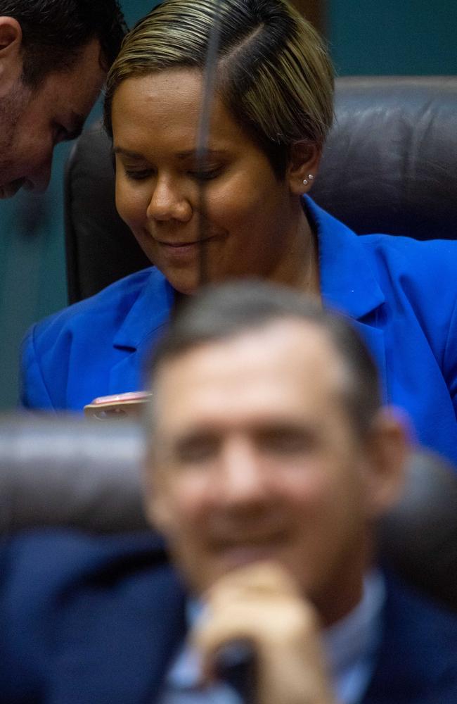 Hon Selena Uibo (background) with Chief Minister Michael Gunner in the background. Photograph: Che Chorley