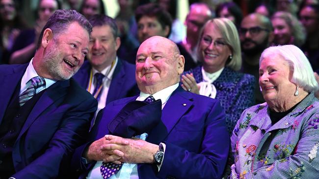 Lindsay Fox, centre, with wife Paula at the announcement of their record-breaking $100m donation to build the NGV Contemporary. Picture: AAP