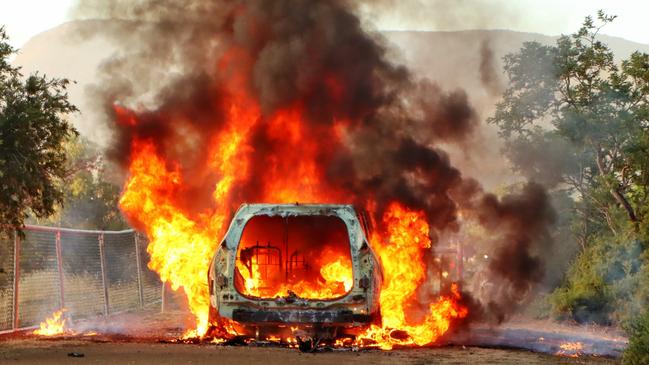 A car fire near Weston Park, Austins Ferry this morning. Photo: Kelvin Ball