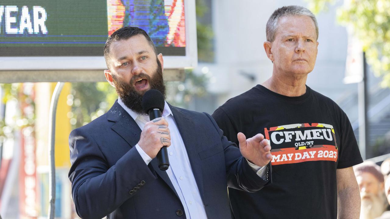 Kyle Goodwin speaks about silicosis at the CFMEU protest back in 2023. Picture: Richard Walker