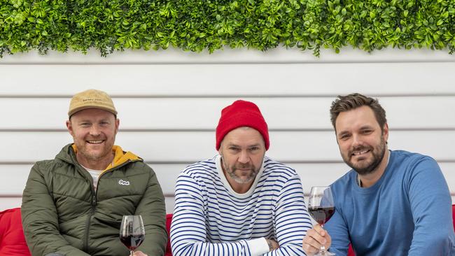 Bayside boys Rob Kent, Brett Slaughter and Cory Jimmieson in the courtyard of their newest eatery, Mamma Francas Pizza Hall. Picture: Andy Brownbill