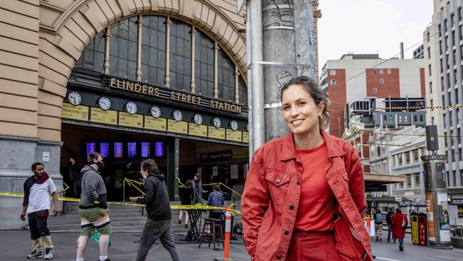 Singer Missy Higgins under the Flinders Street Station clocks. Picture: Tim Carrafa