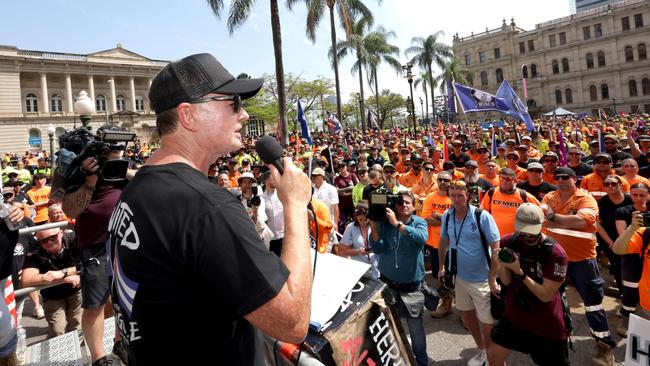 Michael Ravbar addresses Tuesday’s CFMEU protest in Brisbane City. Picture: Steve Pohlner