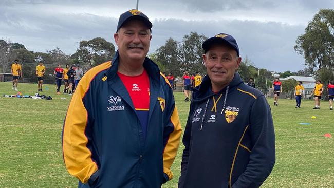 Kingston Hawthorn coach Peter Marshall and assistant Al Manning at Walter Galt Reserve on Saturday.