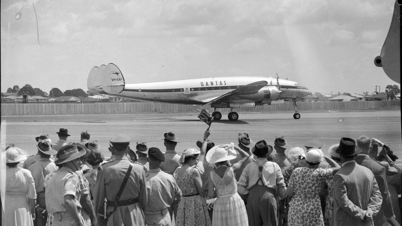 12 Mar 1954 - The Royal Constellation aircraft, carrying the Queen and The Duke of Edinburgh taxied out to the runway at Brisbane airport for its flight to Townsville (D2372) royalty britain visit Queen Elizabeth II &amp; Prince Philip