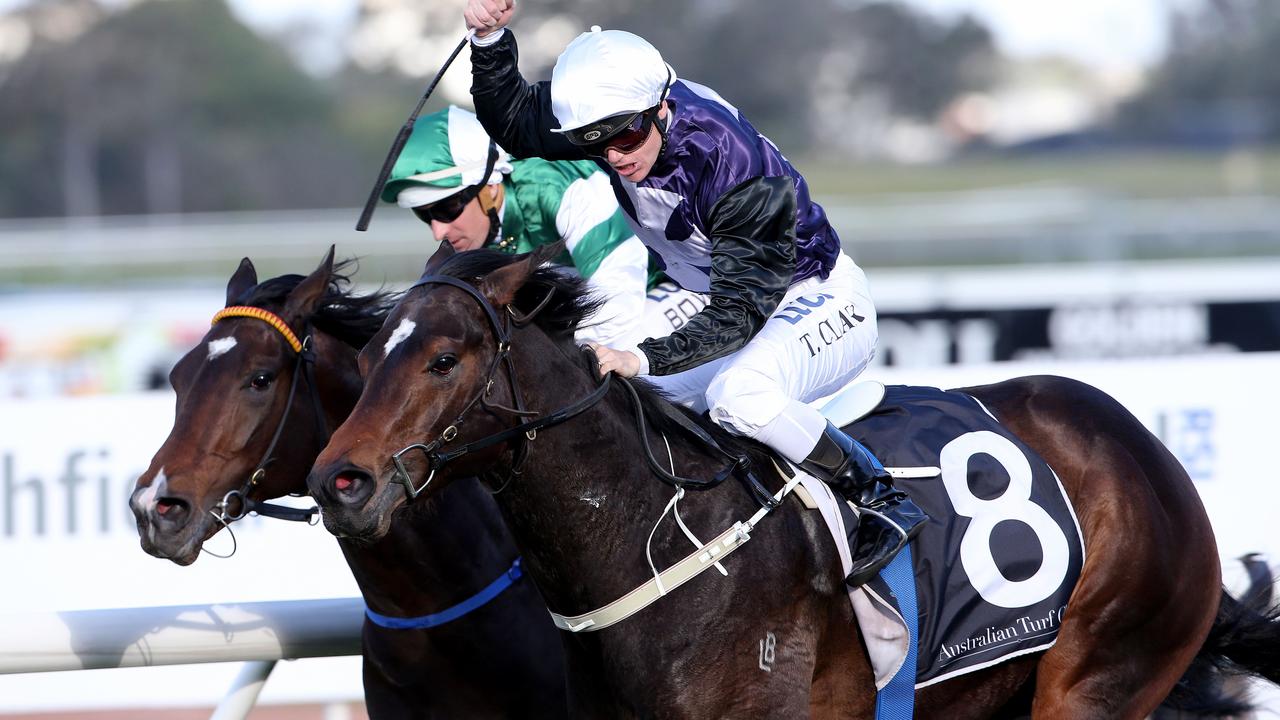 Tim Clark rides Va Pensiero to victory in the Group 3 San Domenico Stakes.