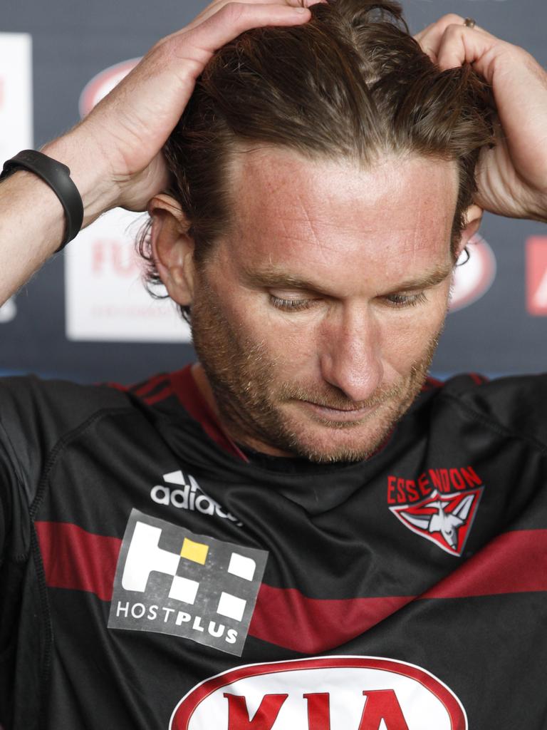 The pressure shows on James Hird during the long-running Essendon drama.