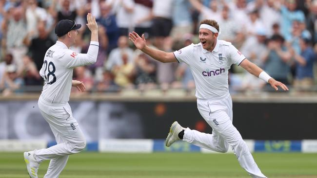 Stuart Broad celebrates the wicket of Marcus Labuschagne earlier on Day 2. Picture: Getty