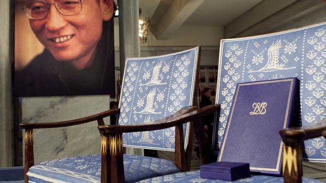 An empty chair holds dissident Liu Xiaobo’s 2010 Nobel Peace prize.