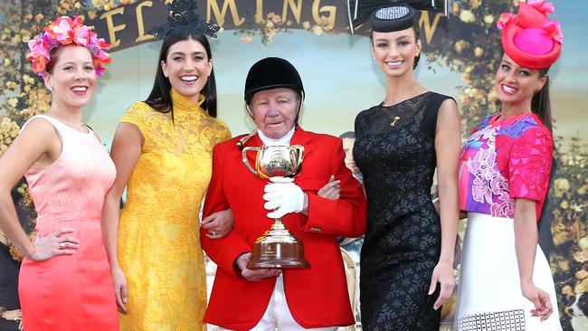 With Flemington's famous Clerk of the Course John “Patto” Patterson (centre) are (from left) Renata Kopinski, Rebecca Stoneman, Alex Hecker and Brodie Worrell. Picture: Ian Currie