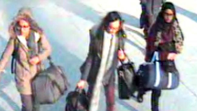 CCTV image of London teenagers Amira Abase, Kadiza Sultana and Shamima Begum at a London Airport before they reportedly flew to join IS. Picture: Metropolitan Police / AP