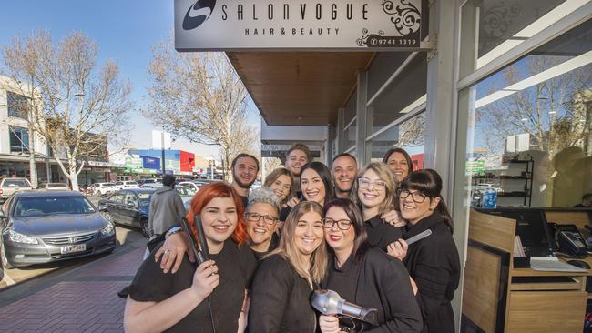 Pino Burrone and his team at Salon Vogue Hair in Werribee. Picture: Rob Leeson.