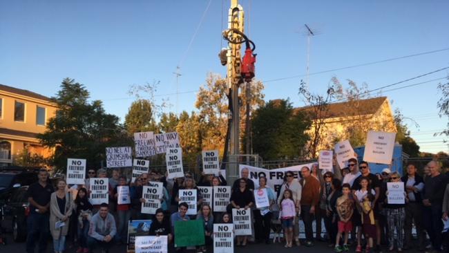 Protesters against the North East Link at a drilling rig in Bulleen in March. Picture: Supplied