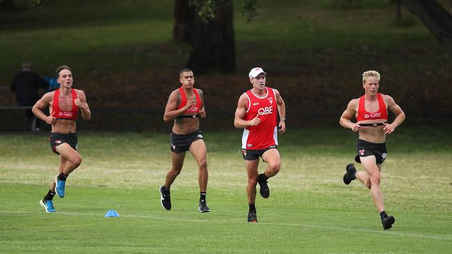 (From left) Ryan Clarke, James Bell, Jackson Thurlow and Isaac Heeney at Sydney pre-season training. Picture: Phil Hillyard