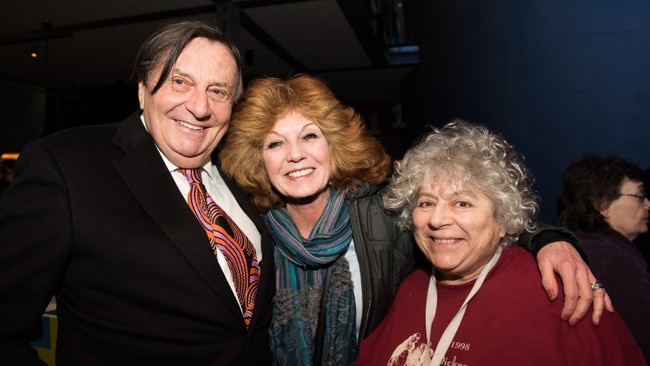 Barry Humphries with actors Rula Lenska and Miriam Margolyes. Picture: Hampstead Theatre