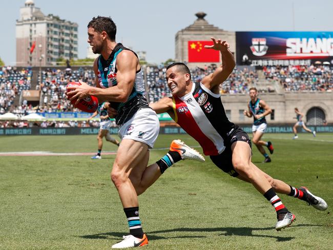 SHANGHAI, CHINA - JUNE 02: Travis Boak of the Power and Shane Savage of the Saints in action during the 2019 AFL round 11 match between the St Kilda Saints and the Port Adelaide Power at Jiangwan Stadium on June 02, 2019 in Shanghai, China. (Photo by Michael Willson/AFL Photos)