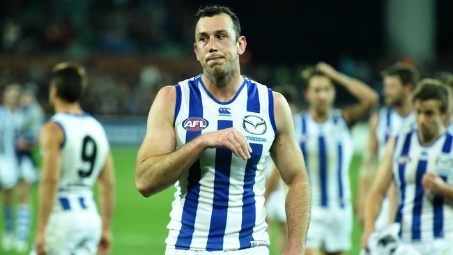 10/09/16 — Adelaide Crows v North Melbourne First Elimination Final. North Melbourne ruckman Todd Goldstein upset after the match. Photo Tom Huntley