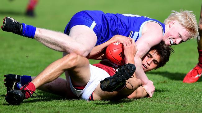 Beau McRae, pictured in blue earlier this season, was one of Sacred Heart’s best on Saturday. Picture: AAP/Mark Brake