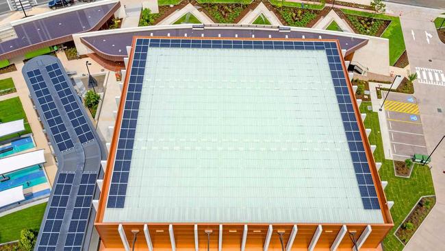 Aerial view of the Gympie Aquatic Recreation Centre (ARC) with solar panels visible from the roofs. Picture: Contributed