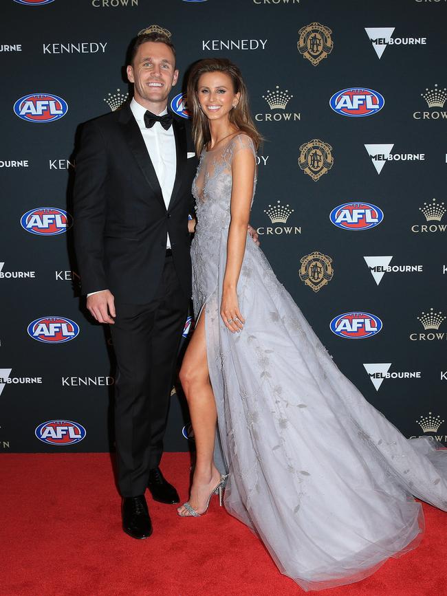 Joel Selwood and Brit Davis at the Brownlow in 2019. Picture: Mark Stewart