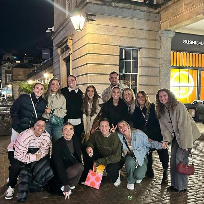 Sam Kerr, bottom left, and her fiancé, Kristi Mewis and friends in Covent Garden. This picture was posted on Instagram the same night Sam Kerr appeared in court in London on Monday.