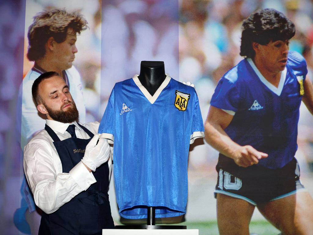 The Maradona shirt was put on display in London before the auction, where it was sold for more than £7 million. Picture: Adrian Dennis/AFP