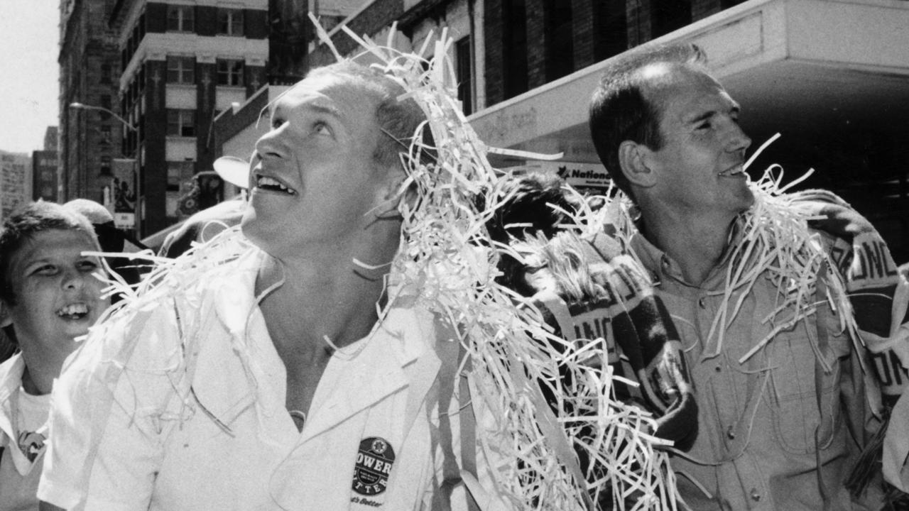 Allan Langer and Wayne Bennett during the Broncos’ ticker tape parade in 1992.