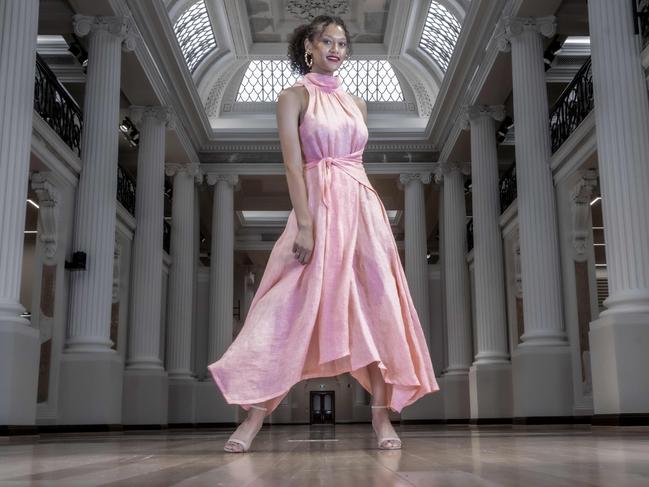 Model Joy wearing a dress from Arnsdorf, ahead of Runway 4 showing at the State Library of Victoria as part of the Melbourne Fashion Festival in March 2021. Picture : Ian Currie