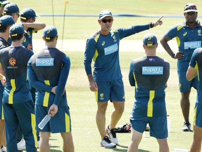 Justin Langer gives instructions during an Australian training session in January.