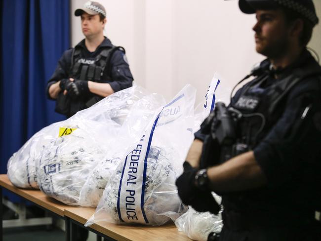 Approximately 88 kilograms of heroin and 21 kilograms of methamphetamine at the AFP Sydney Office today. The drugs have been seized by the Joint Organised Crime Group and two men have been arrested.(Pics Justin Lloyd)