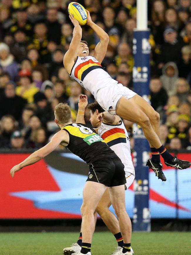 Adelaide's Tom Doedee takes a big mark in the third quarter against Richmond. Picture: Michael Klein