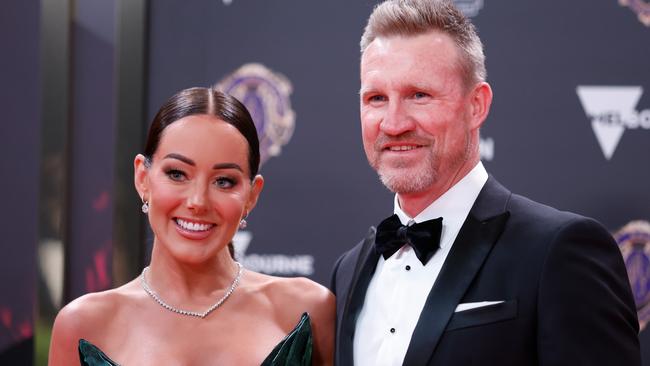 The couple looked happy on the red carpet. (Photo by Dylan Burns/AFL Photos via Getty Images)