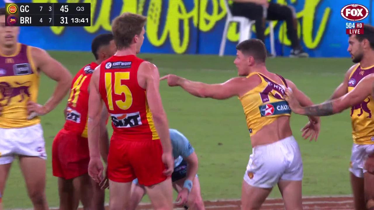 Zorko was not happy with Miller. Picture: Fox Footy