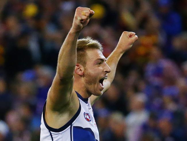 Daniel Talia celebrates the Crows’ EF win in 2015. Picture: Colleen Petch