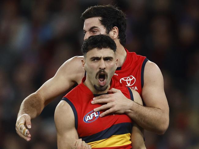 MELBOURNE, AUSTRALIA - JULY 09: Izak Rankine of the Crows celebrates kicking a goal during the round 17 AFL match between Essendon Bombers and Adelaide Crows at Marvel Stadium, on July 09, 2023, in Melbourne, Australia. (Photo by Daniel Pockett/Getty Images)