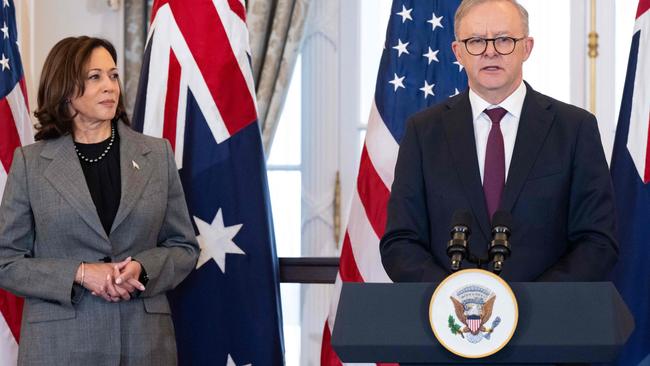 Australian Prime Minister Anthony Albanese speaks alongside US Vice President Kamala Harris during a State Luncheon hosted by at the State Department in Washington, DC, October 26, 2023. (Photo by SAUL LOEB / AFP)