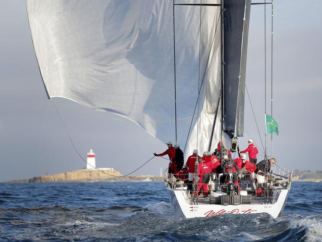 Wild Oats XI skippered by Mark Richards sails up the River Derwent on her way to a 9th line honours victory in the 2018 Sydney to Hobart Yacht Race. The yacht crossed the line in 1d 19hrs 7mins 21secs . Picture: RICHARD JUPE