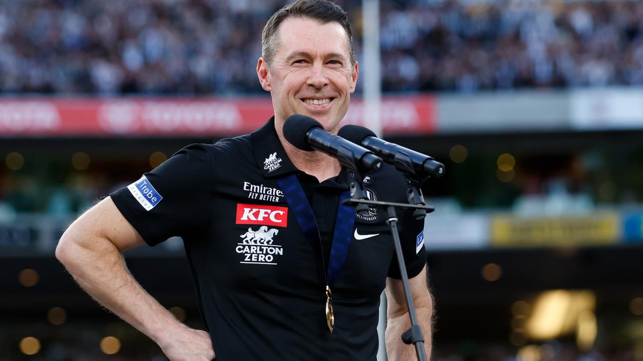 MELBOURNE, AUSTRALIA - SEPTEMBER 30: Craig McRae, Senior Coach of the Magpies celebrates during the 2023 AFL Grand Final match between the Collingwood Magpies and the Brisbane Lions at the Melbourne Cricket Ground on September 30, 2023 in Melbourne, Australia. (Photo by Dylan Burns/AFL Photos via Getty Images)