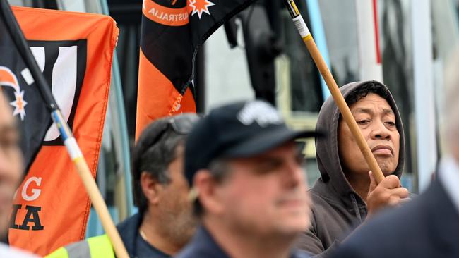 Sydney bus drivers stand at the picket line as as part of an ongoing workers rights dispute. Picture: NCA NewsWire / Jeremy Piper